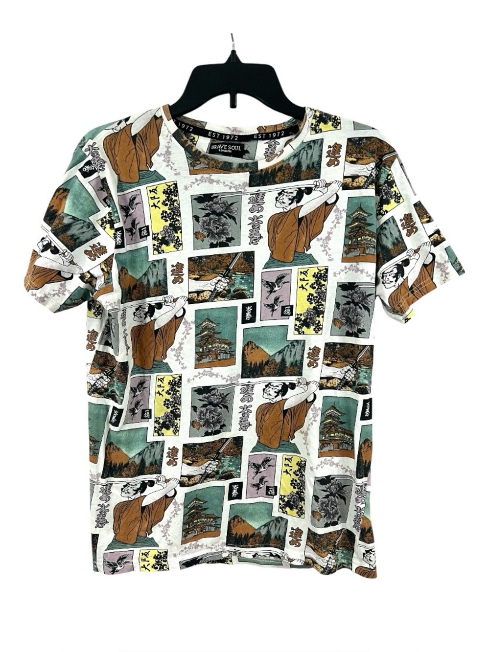 Brave Soul London Allover Print T-shirt Japanese Woodblock Samurai Landscape